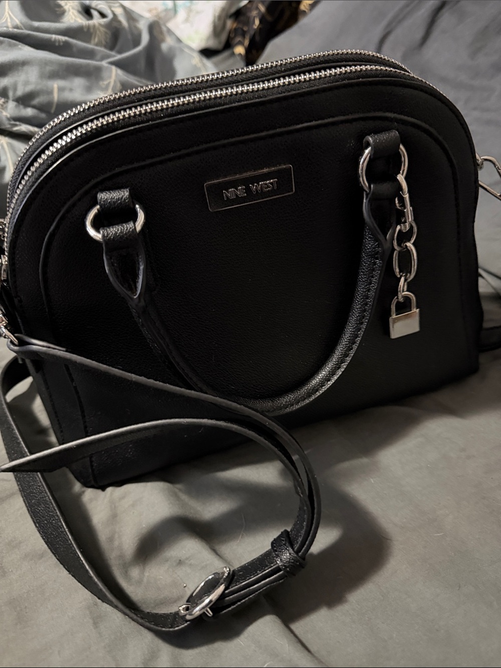 Nine West Black Dome Messenger Bag with Silver Hardware